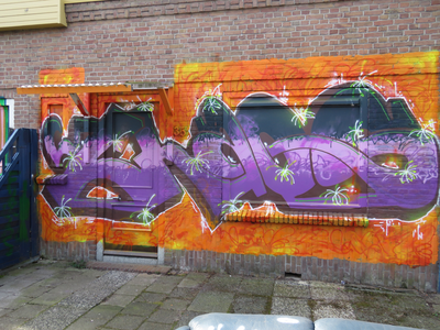 829728 Afbeelding van graffiti met de gestileerde tekst SOMS , op de voorgevel van het leegstaande pand Tomaatstraat 35 ...